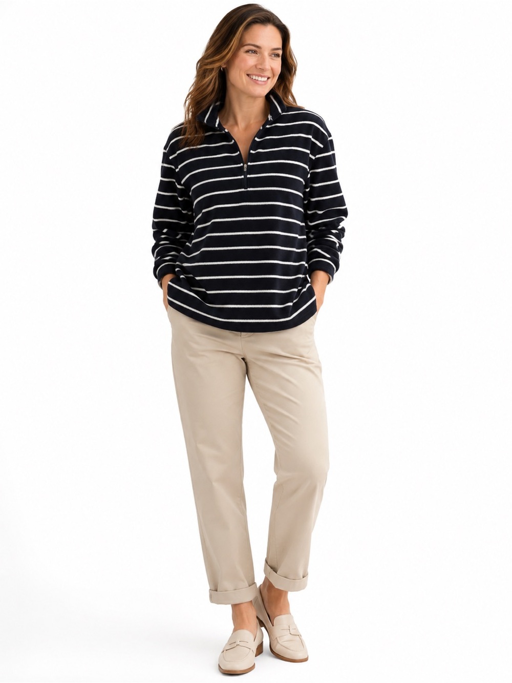 Lands’ End 1X Navy Striped Fleece Quarter Zip Pullover Plus Size 16W 18W
